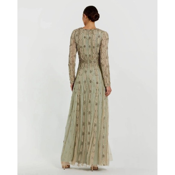 Mac Duggal NEW Embellished Mesh Long Sleeve A Line Gown Nude Sage $1,798 Size 10 - Picture 10 of 16